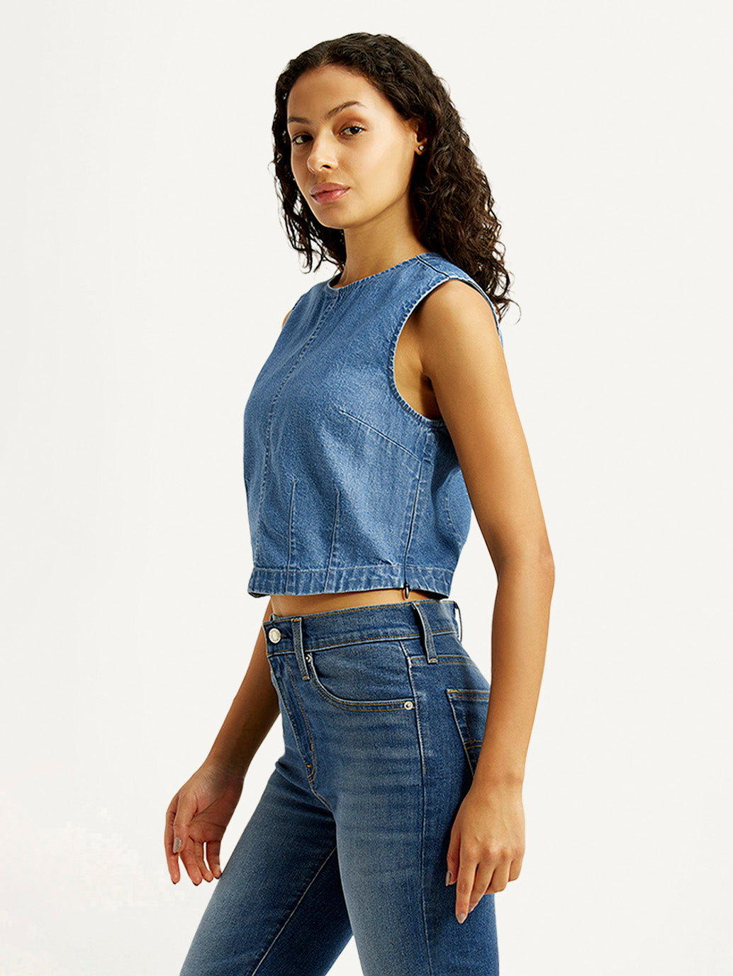 Women's Solid Indigo Round Neck Denim Top - Side View