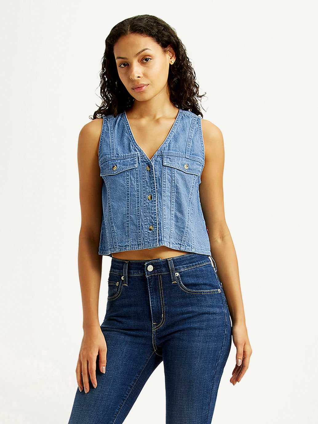 Women's Solid Indigo V-Neck Denim Top