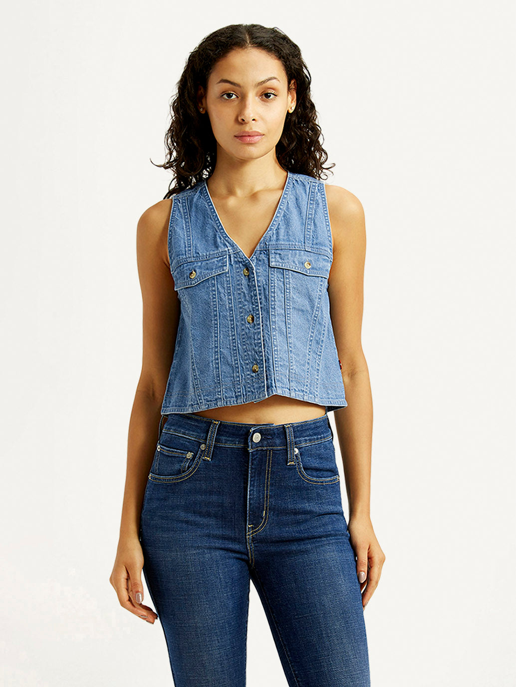 Women's Solid Indigo V-Neck Denim Top - Front View