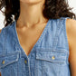 Women's Solid Indigo V-Neck Denim Top - Detail View