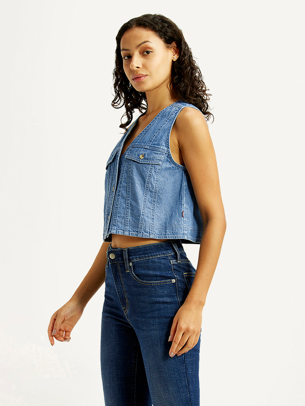 Women's Solid Indigo V-Neck Denim Top - Side View