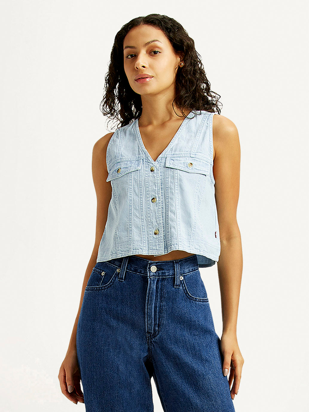 Women's Solid Light Indigo V-Neck Denim Top