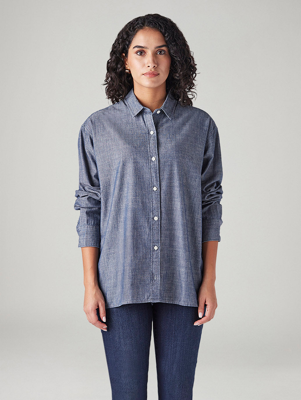 Women's Solid Relaxed Fit Denim Shirt - Front View