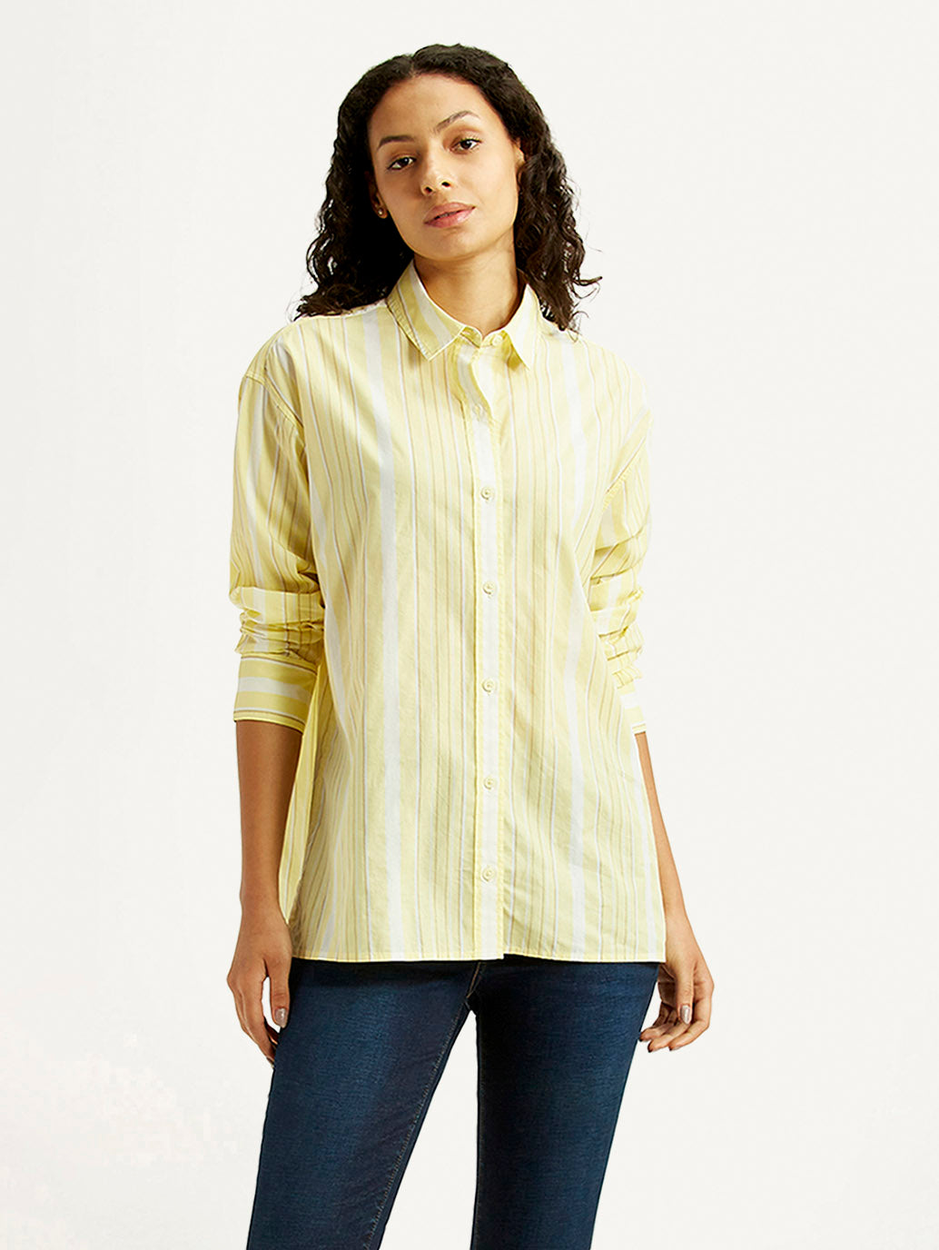 Women's Striped Yellow Relaxed Fit Poplin Shirt - Styleshot View