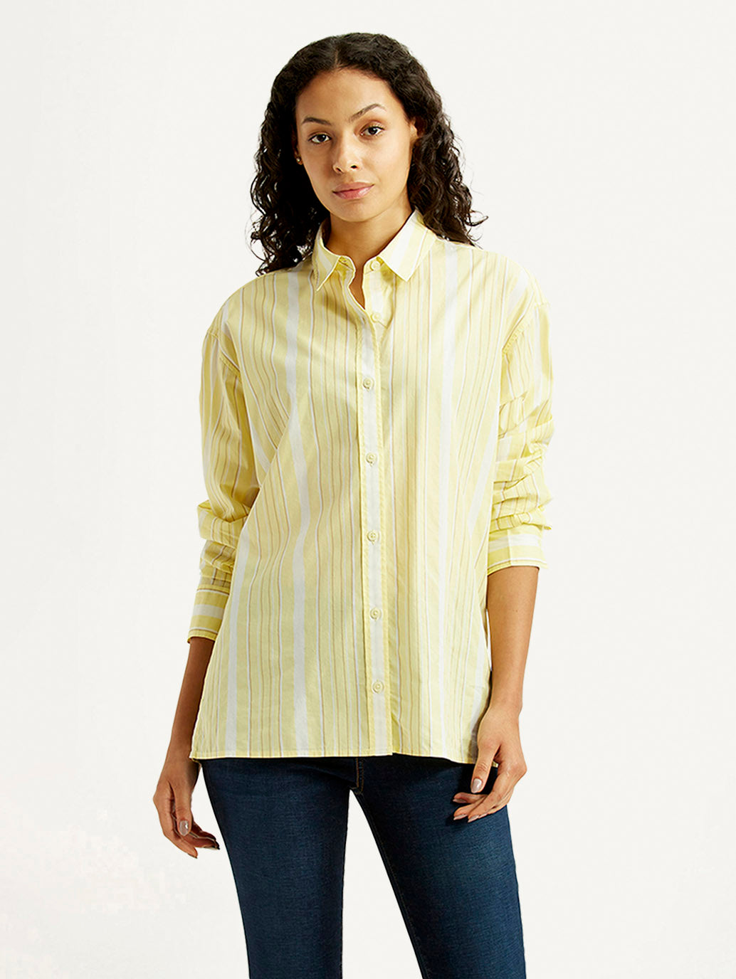 Women's Striped Yellow Relaxed Fit Poplin Shirt