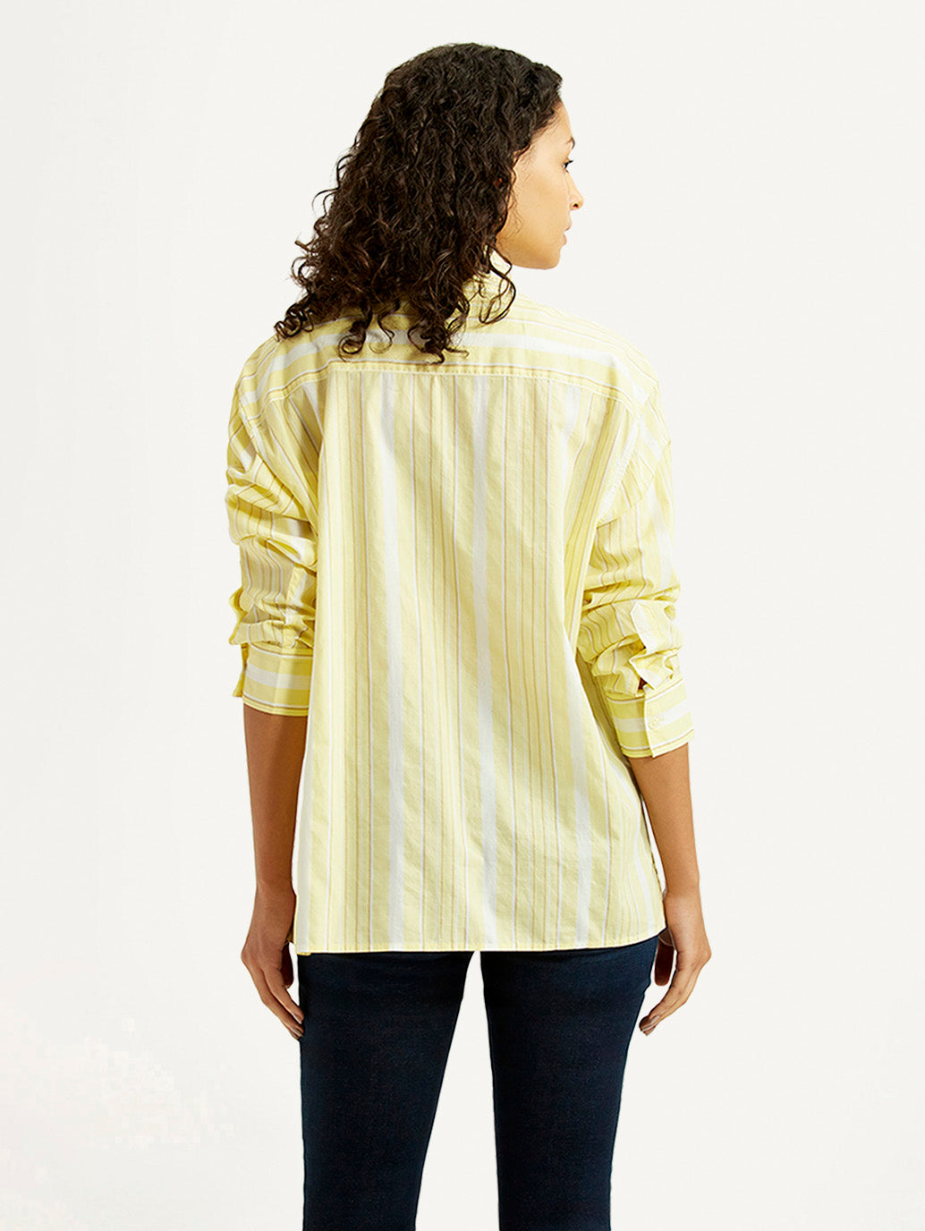 Women's Striped Yellow Relaxed Fit Poplin Shirt - Back View