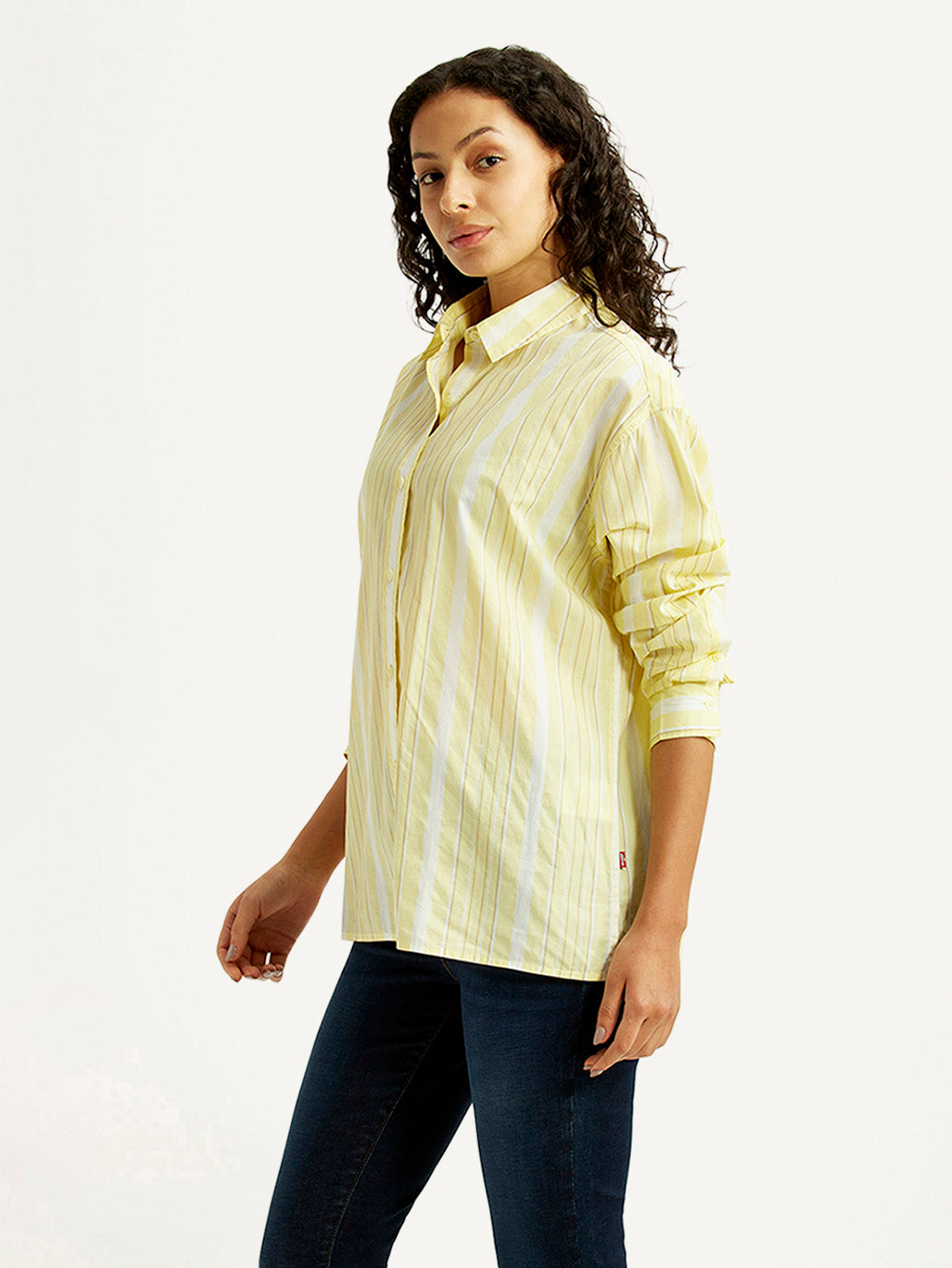Women's Striped Yellow Relaxed Fit Poplin Shirt - Side View