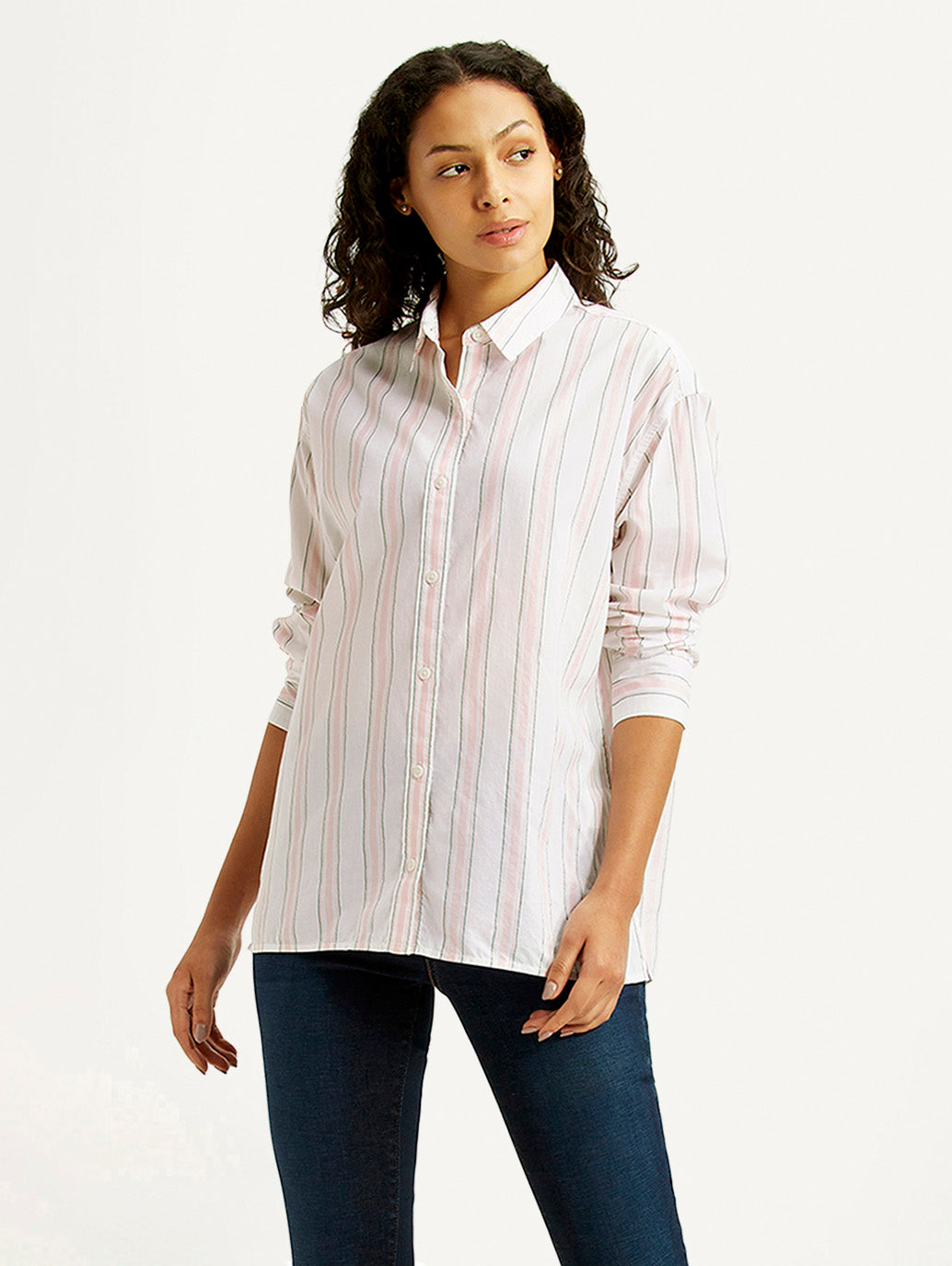 Women's Striped Light Pink Relaxed Fit Poplin Shirt