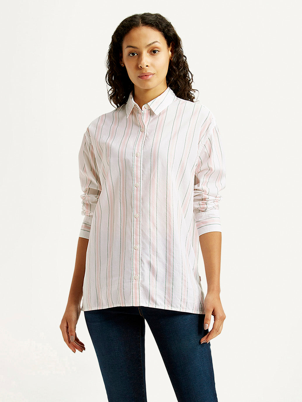 Women's Striped Light Pink Relaxed Fit Poplin Shirt - Front View
