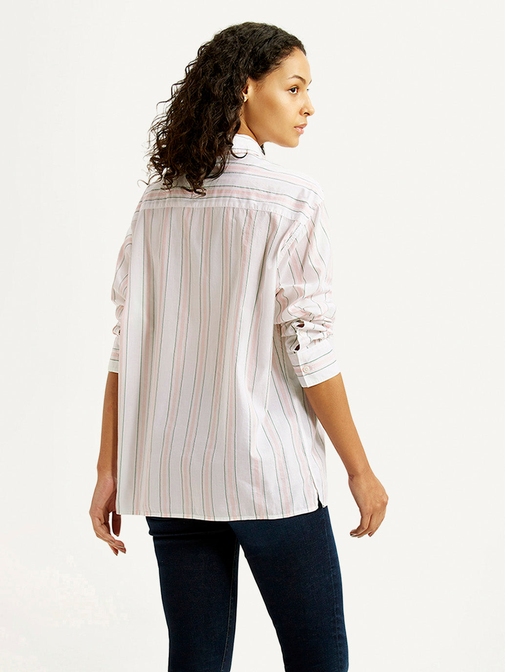Women's Striped Light Pink Relaxed Fit Poplin Shirt - Back View