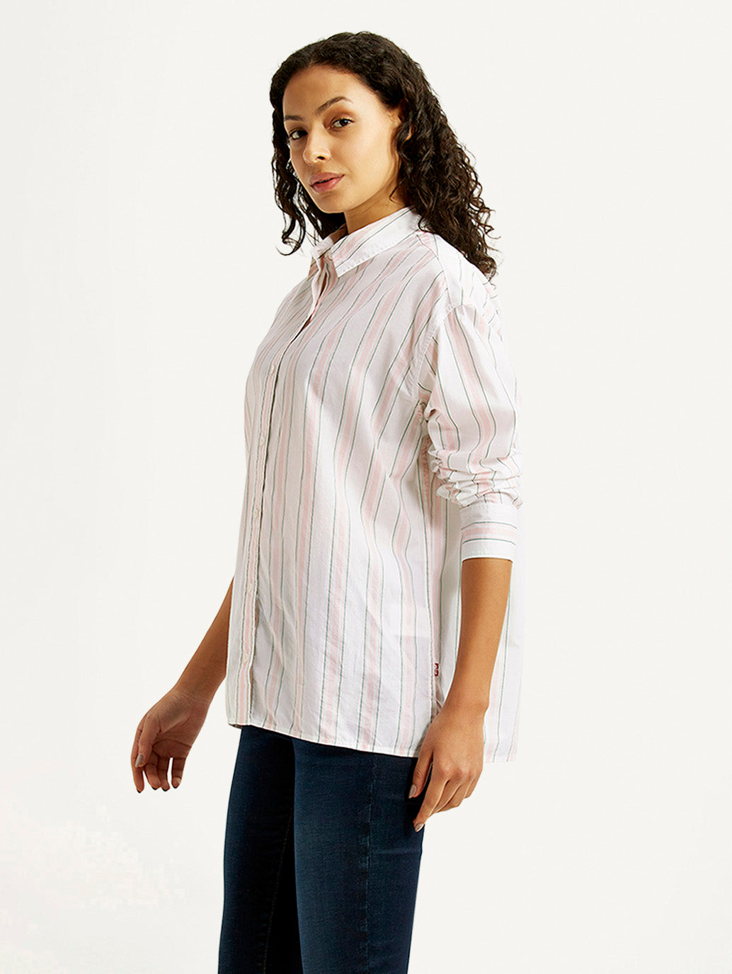 Women's Striped Light Pink Relaxed Fit Poplin Shirt - Side View