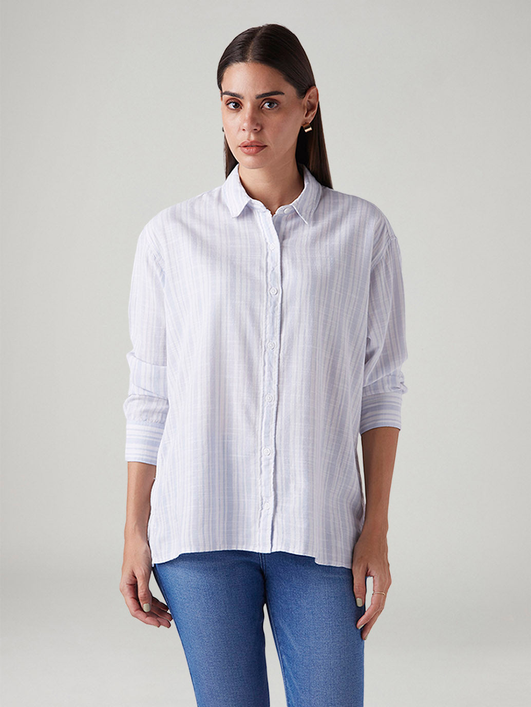 Women's Striped Relaxed Fit Poplin Shirt - Front View