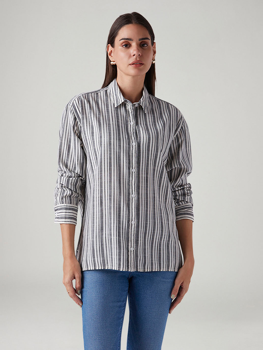 Women's Striped Relaxed Fit Poplin Shirt - Front View