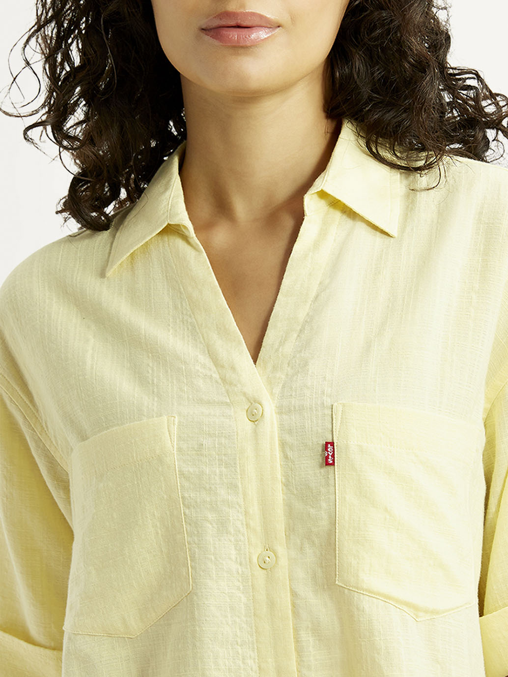 Women's Textured Yellow Spread Collar Shirt - Detail View