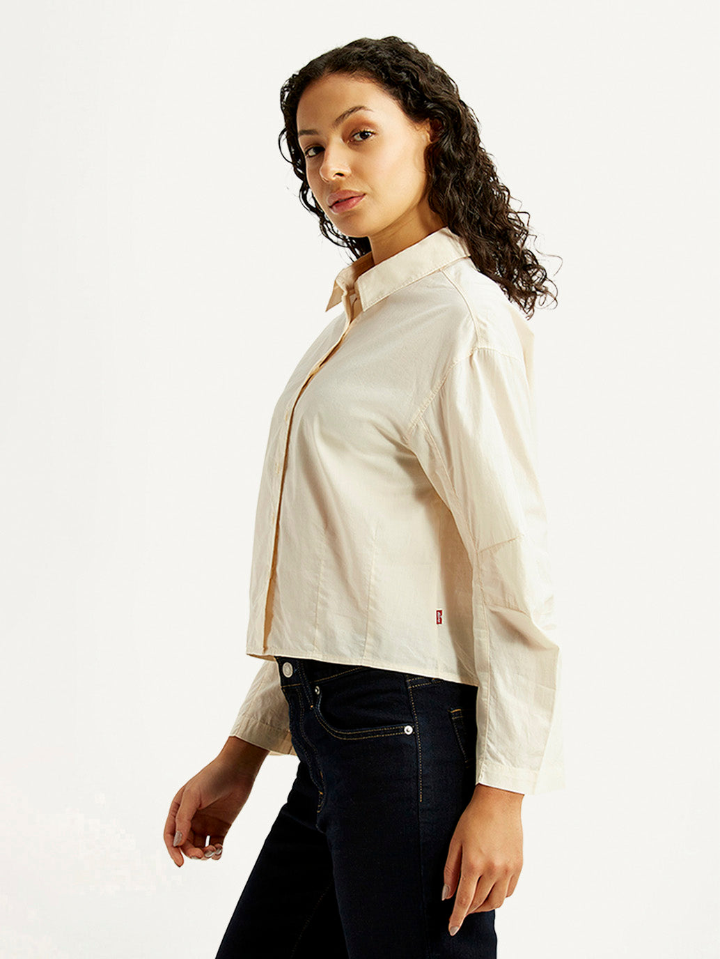 Women's Solid Cream Relaxed Fit Poplin Shirt - Side View