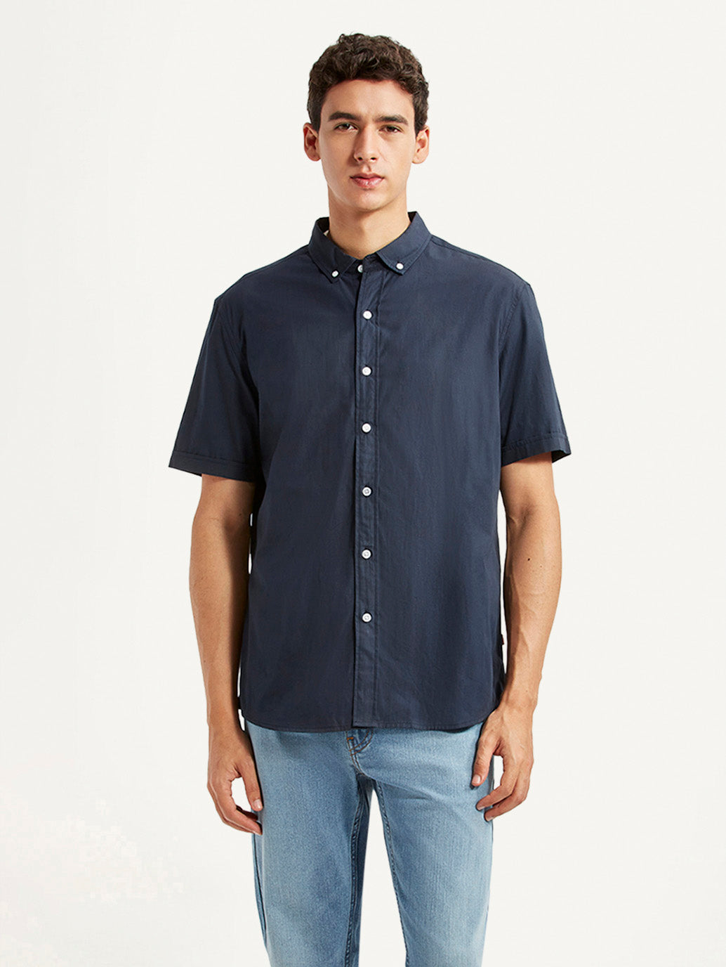 Men's Solid Navy Slim Fit Poplin Shirt - Front View