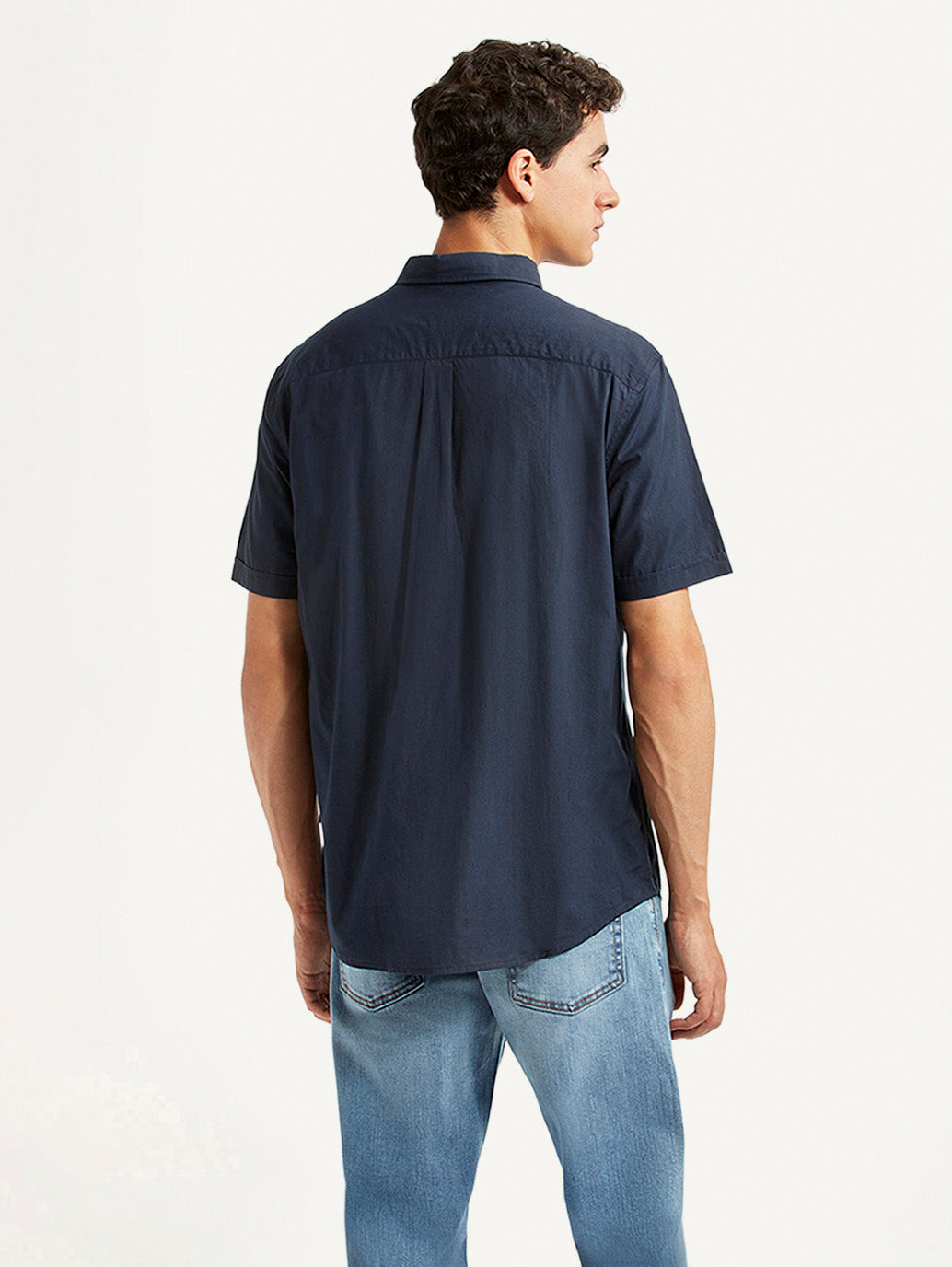 Men's Solid Navy Slim Fit Poplin Shirt - Back View