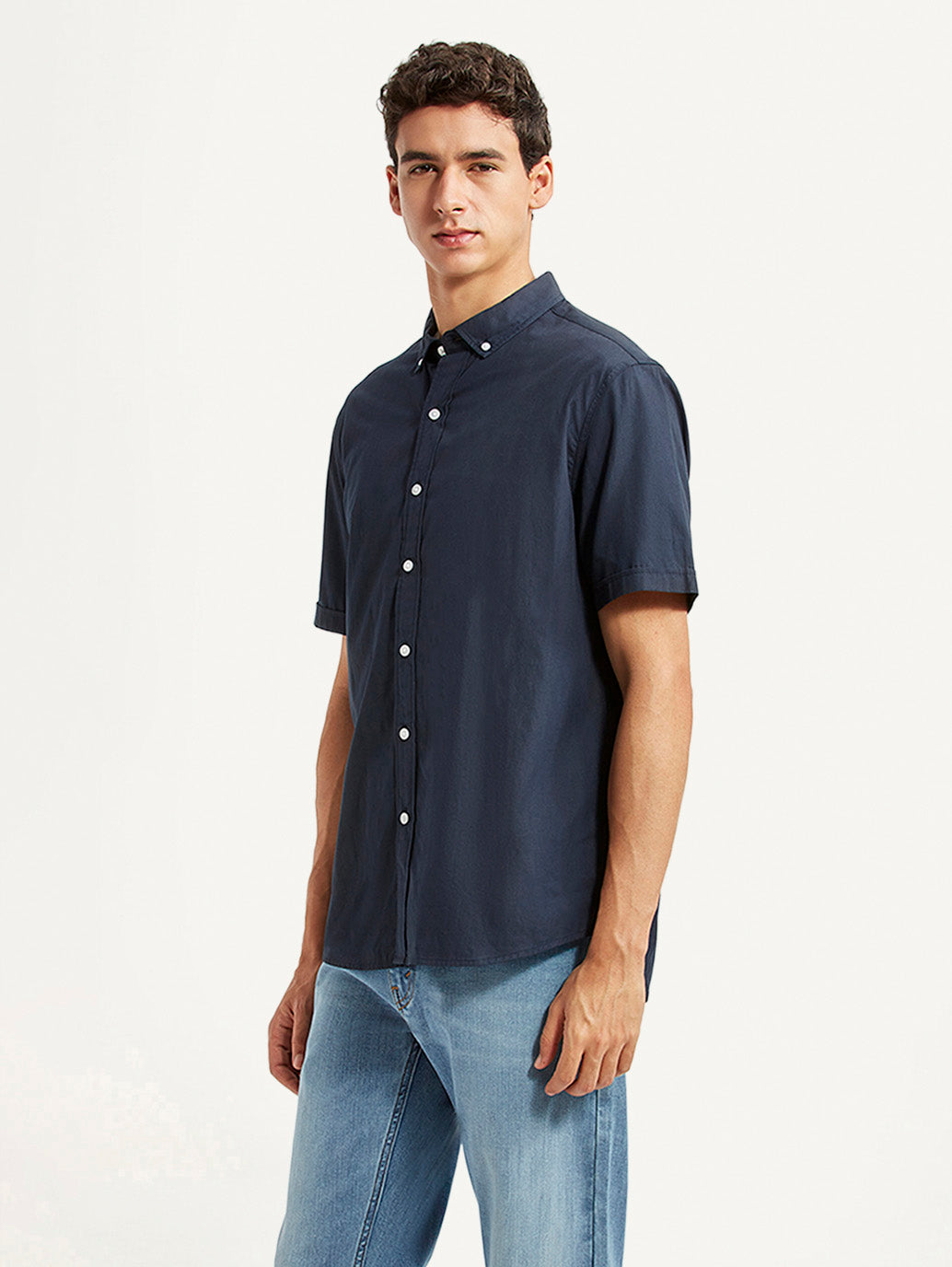 Men's Solid Navy Slim Fit Poplin Shirt - Side View