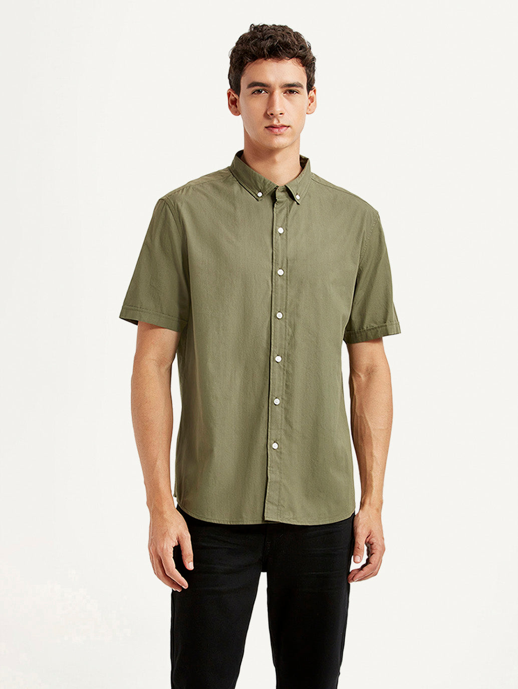 Men's Solid Olive Slim Fit Poplin Shirt - Front View