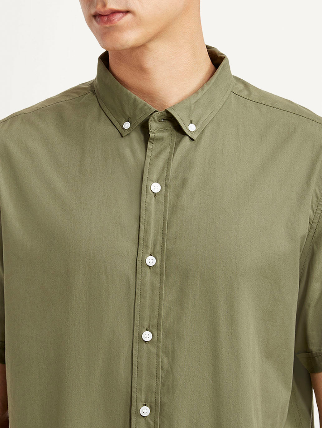 Men's Solid Olive Slim Fit Poplin Shirt - Detail View