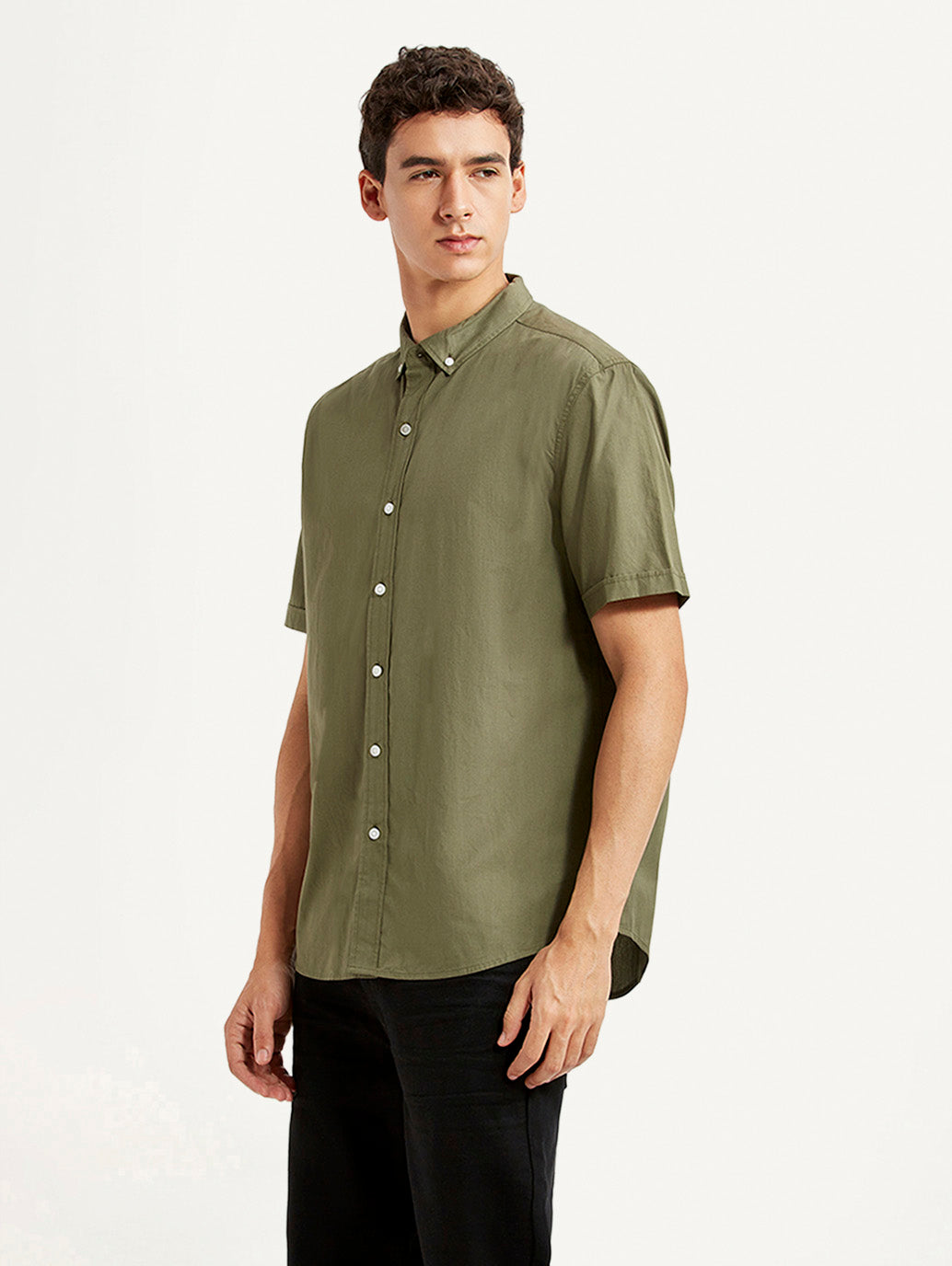 Men's Solid Olive Slim Fit Poplin Shirt - Side View