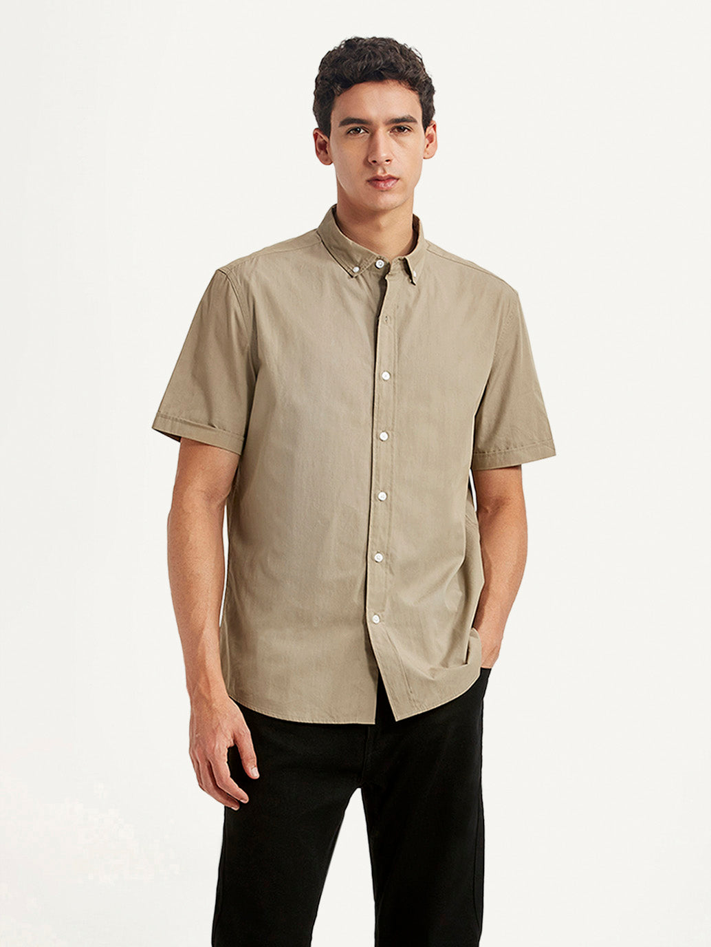 Men's Solid Beige Slim Fit Poplin Shirt