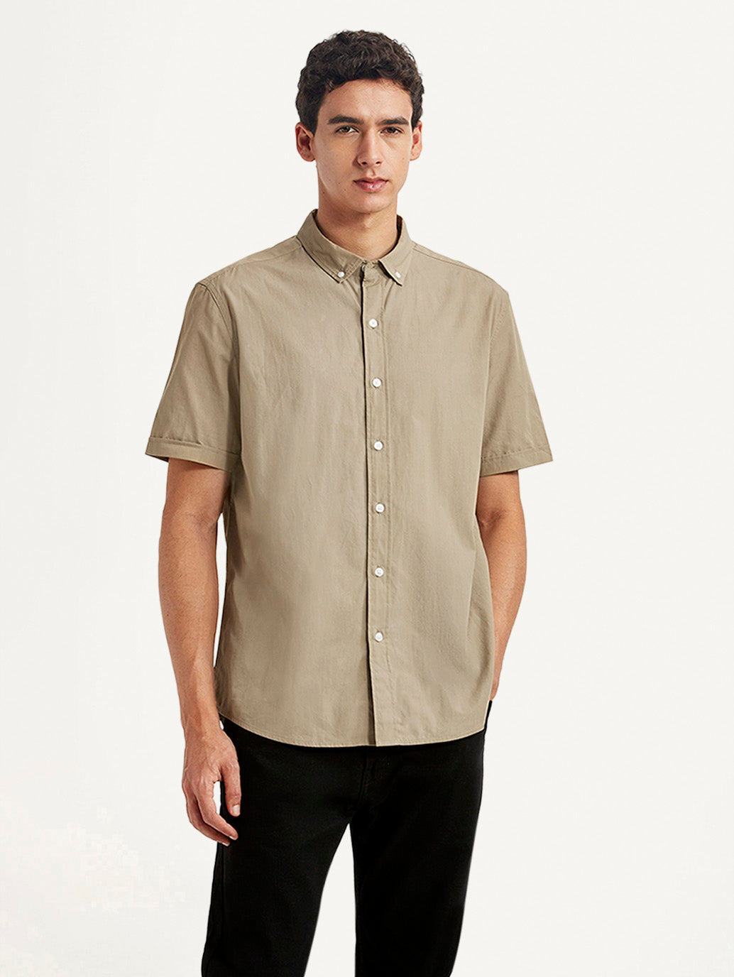 Men's Solid Beige Slim Fit Poplin Shirt - Front View