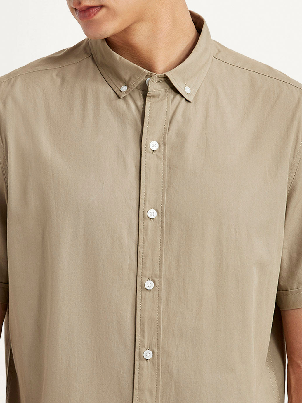 Men's Solid Beige Slim Fit Poplin Shirt - Detail View