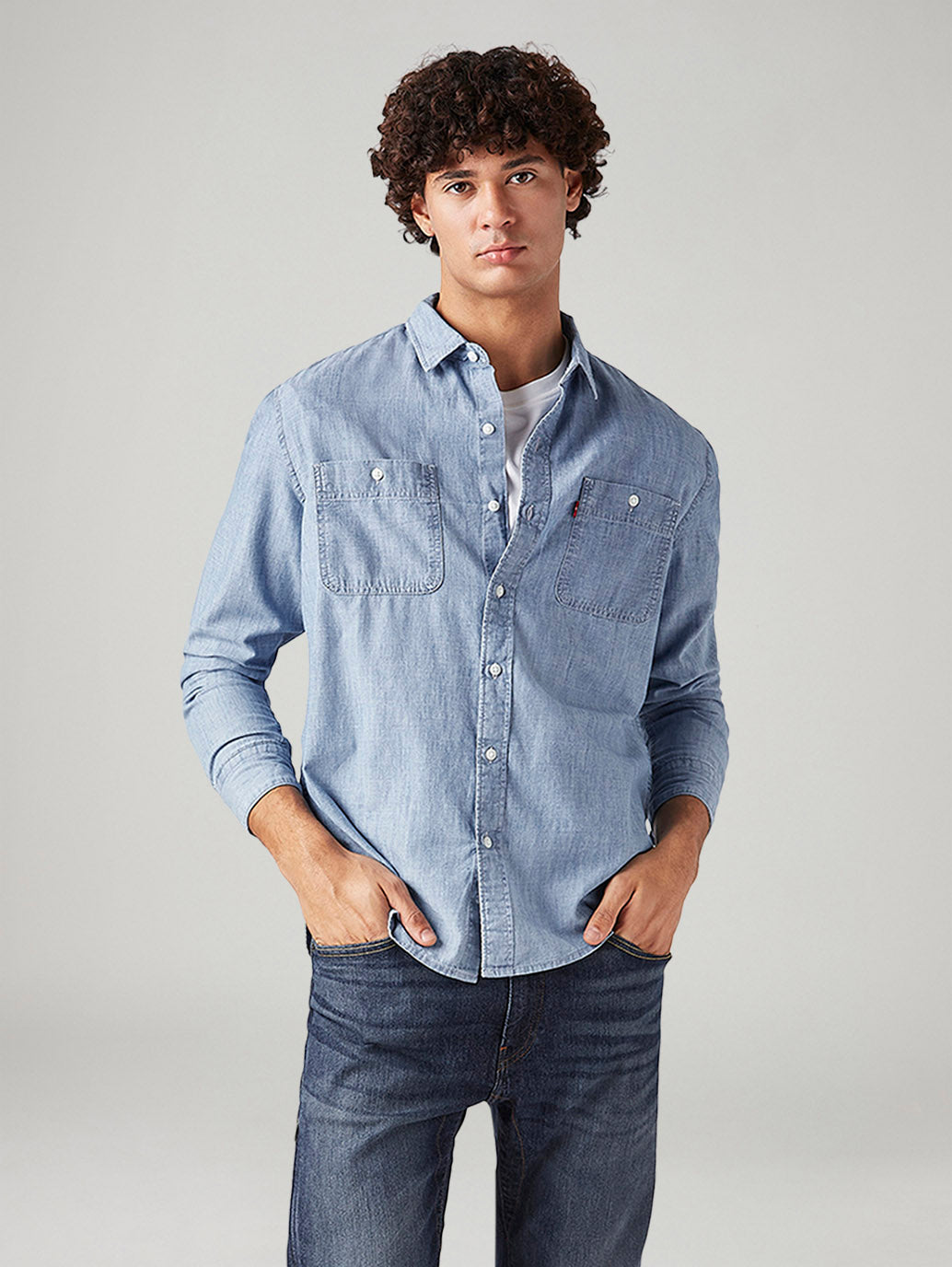 Men's Solid Slim Fit Denim Shirt - Front View