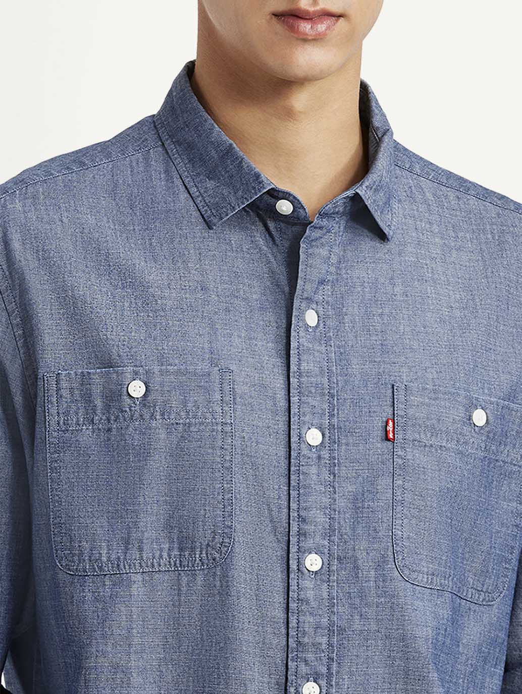 Men's Solid Indigo Slim Fit Shirt - Detail View