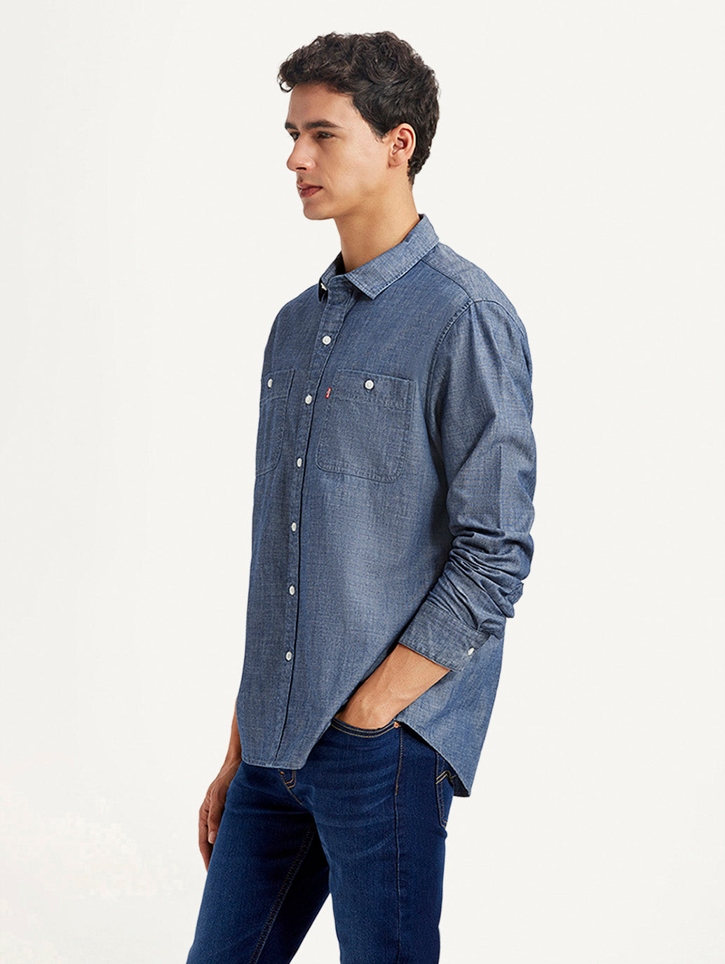 Men's Solid Indigo Slim Fit Shirt - Side View