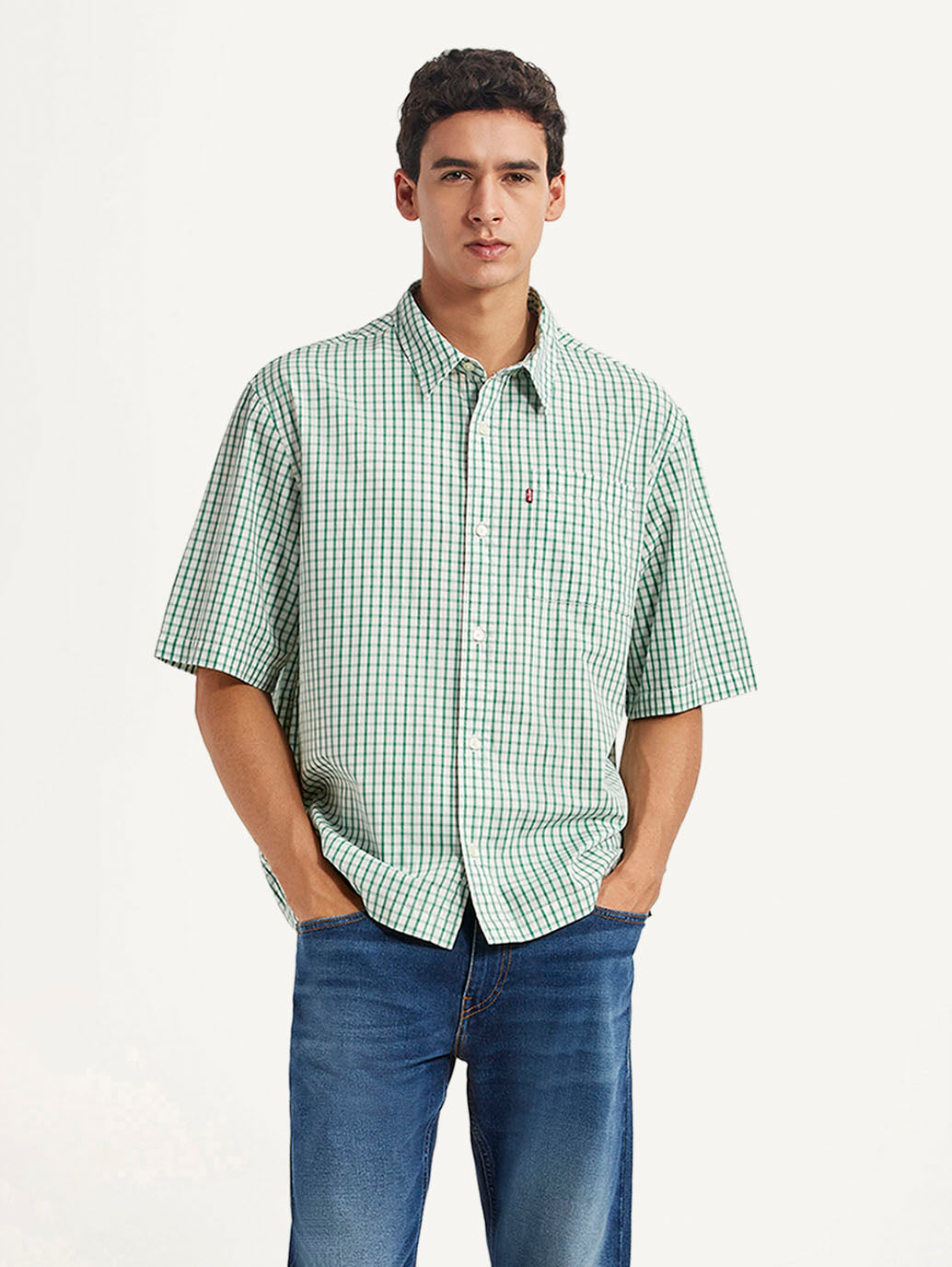 Men's Checkered Green Boxy Fit Poplin Shirt