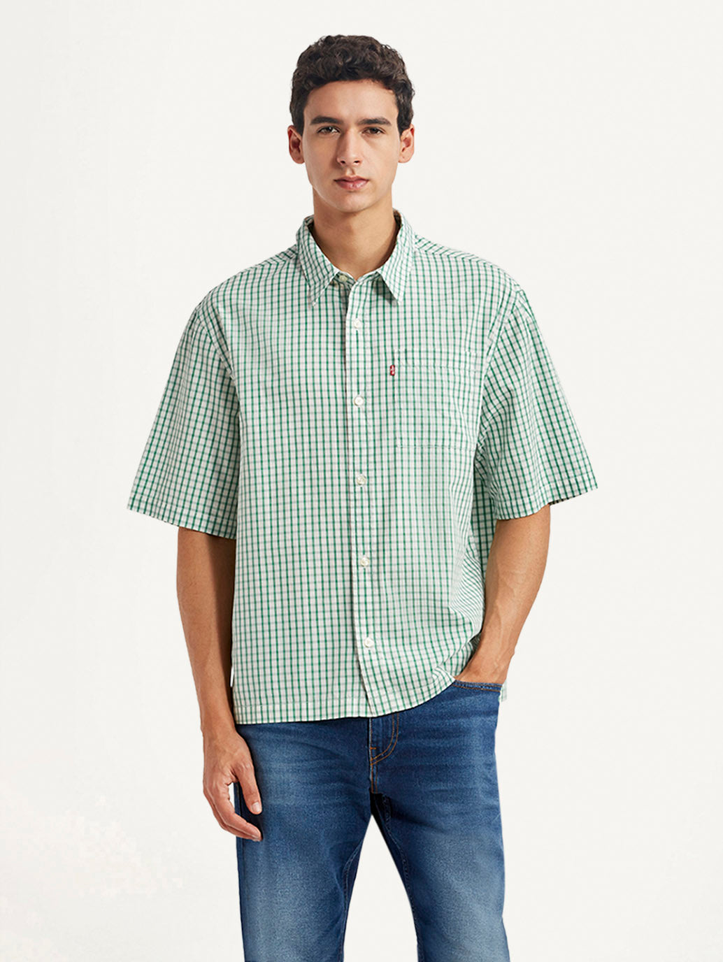 Men's Checkered Green Boxy Fit Poplin Shirt - Front View