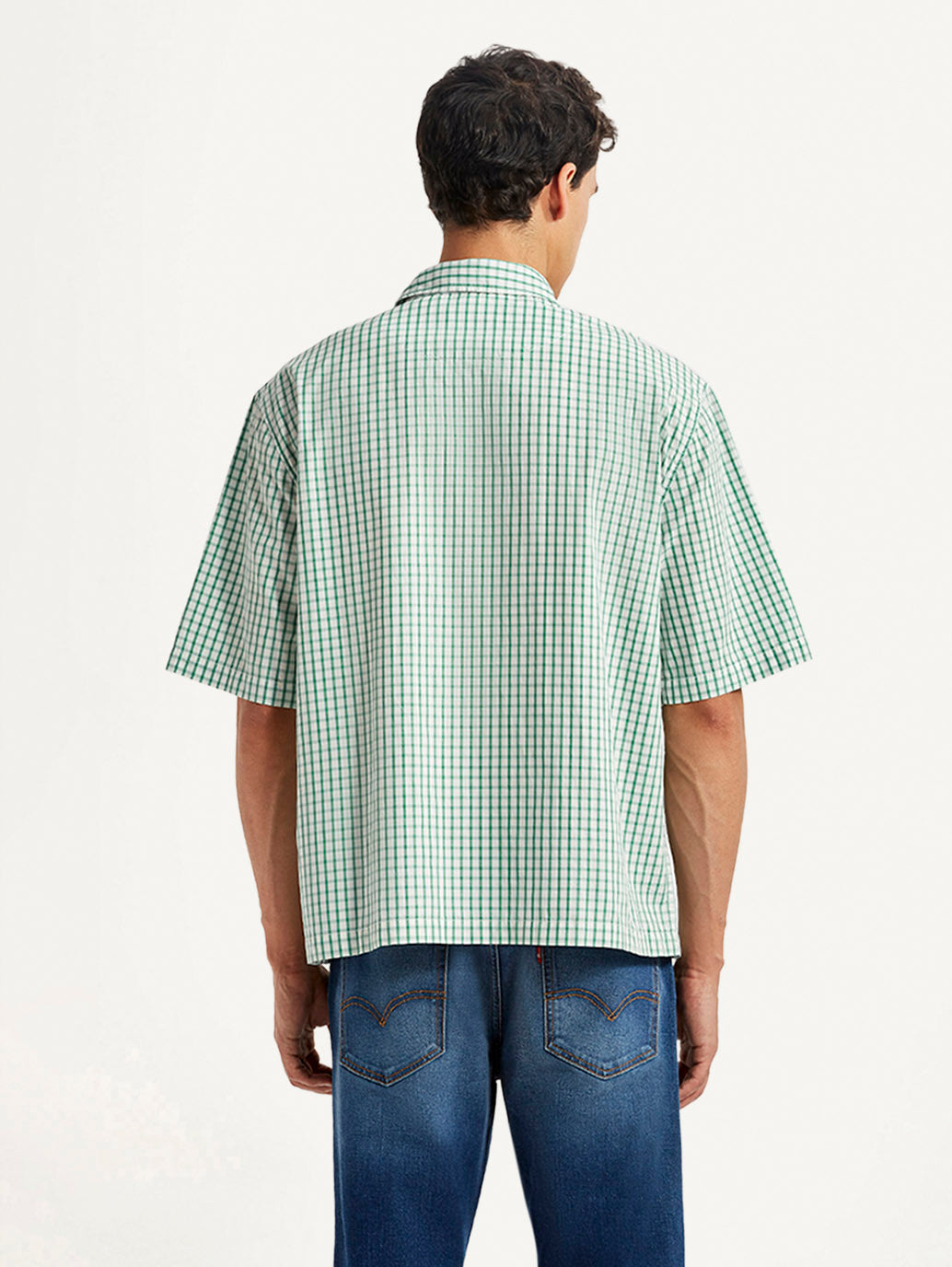 Men's Checkered Green Boxy Fit Poplin Shirt - Back View