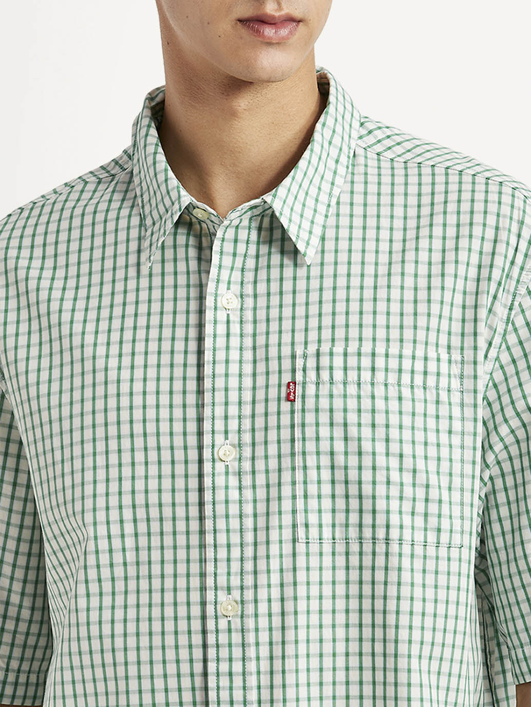 Men's Checkered Green Boxy Fit Poplin Shirt - Detail View