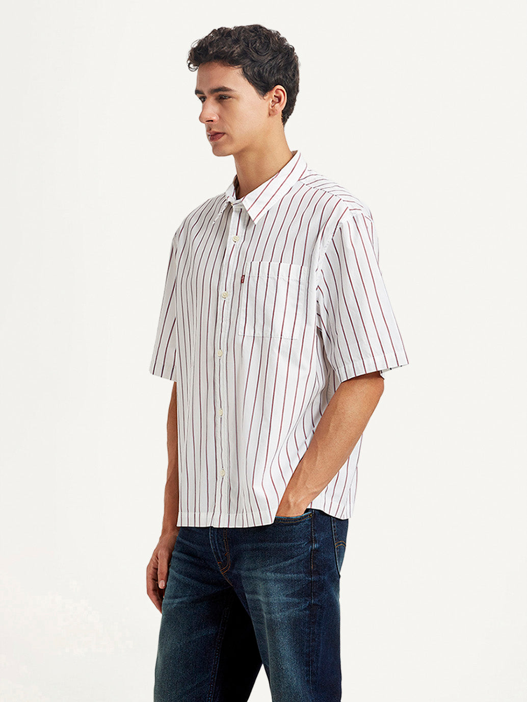 Men's Striped White Boxy Fit Poplin Shirt - Side View