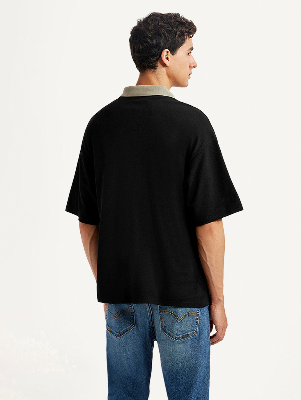 Men's Brand Logo Black Loose Fit Polo T-shirt - Back View