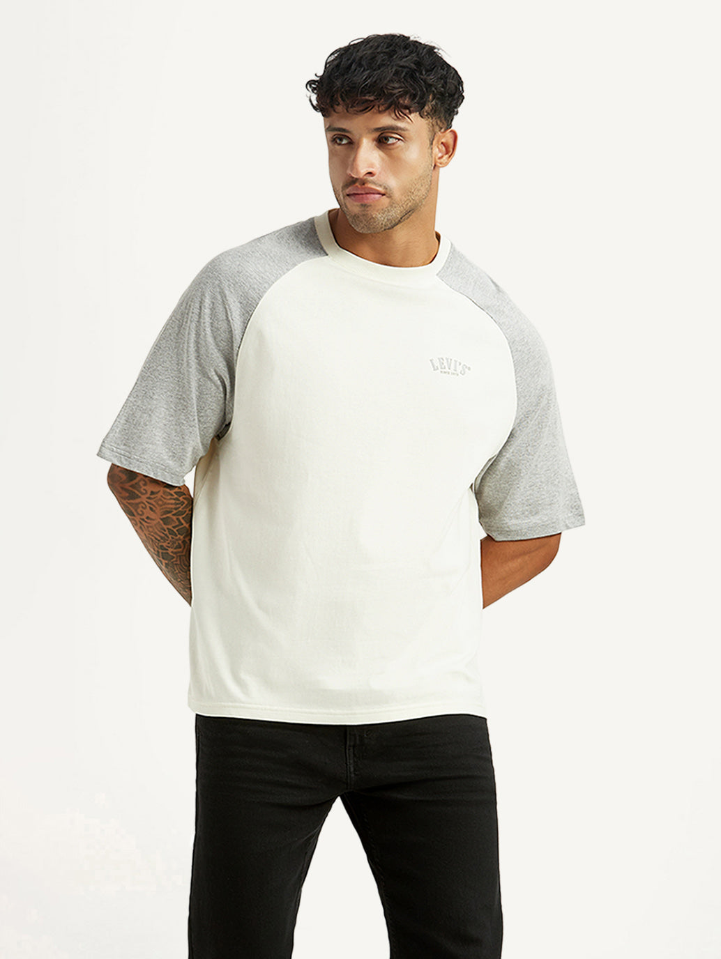Men's Colorblock Off White Loose Fit T-shirt - Styleshot View