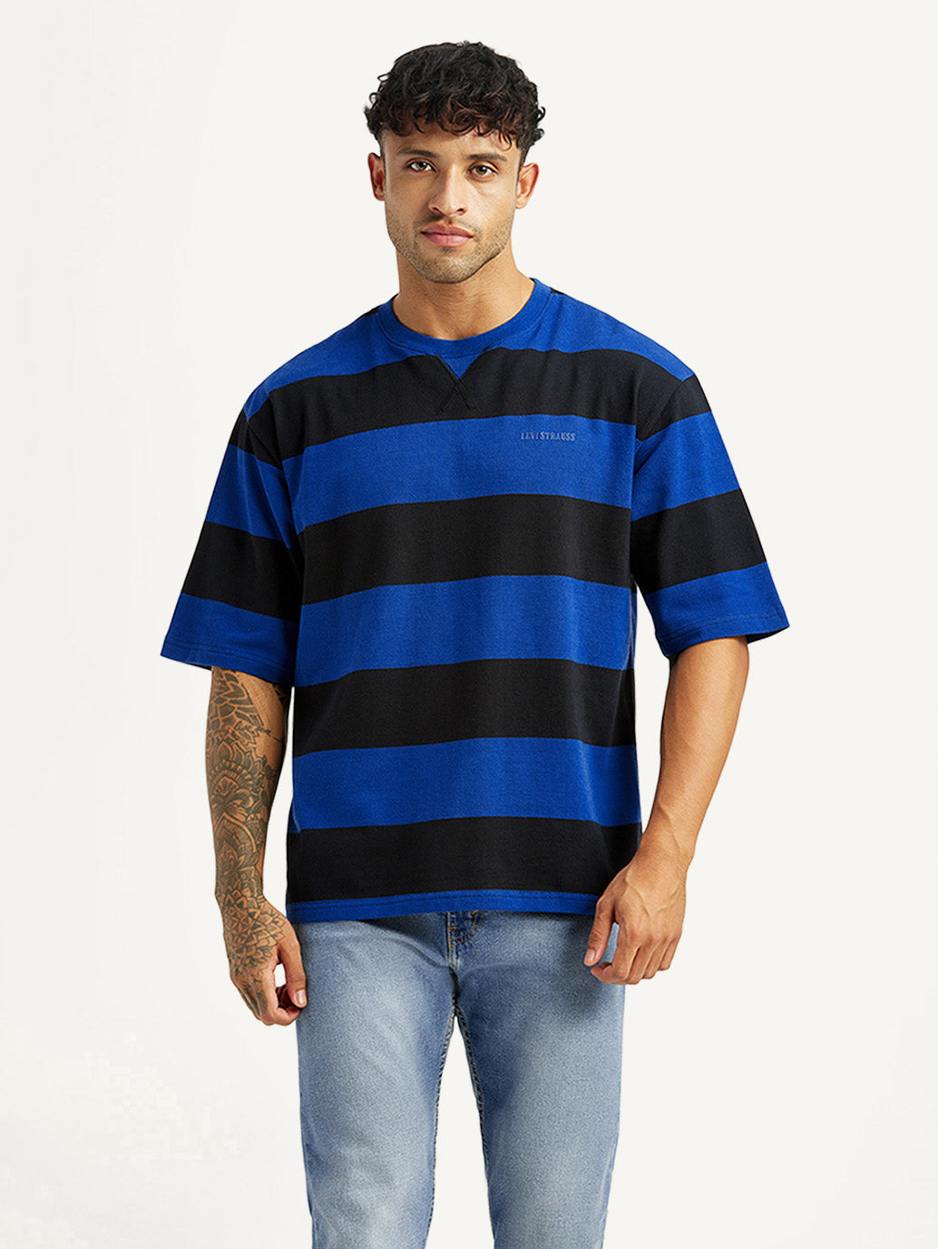 Men's Striped Blue Loose Fit T-shirt - Front View
