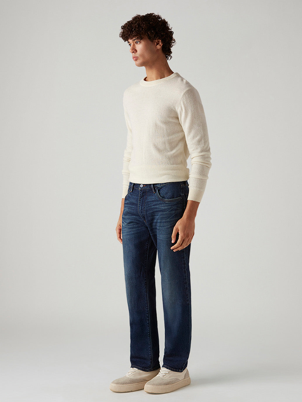 Men's 555 Dark Blue Relaxed Straight Fit Mid Rise Redloop Jeans - Side View