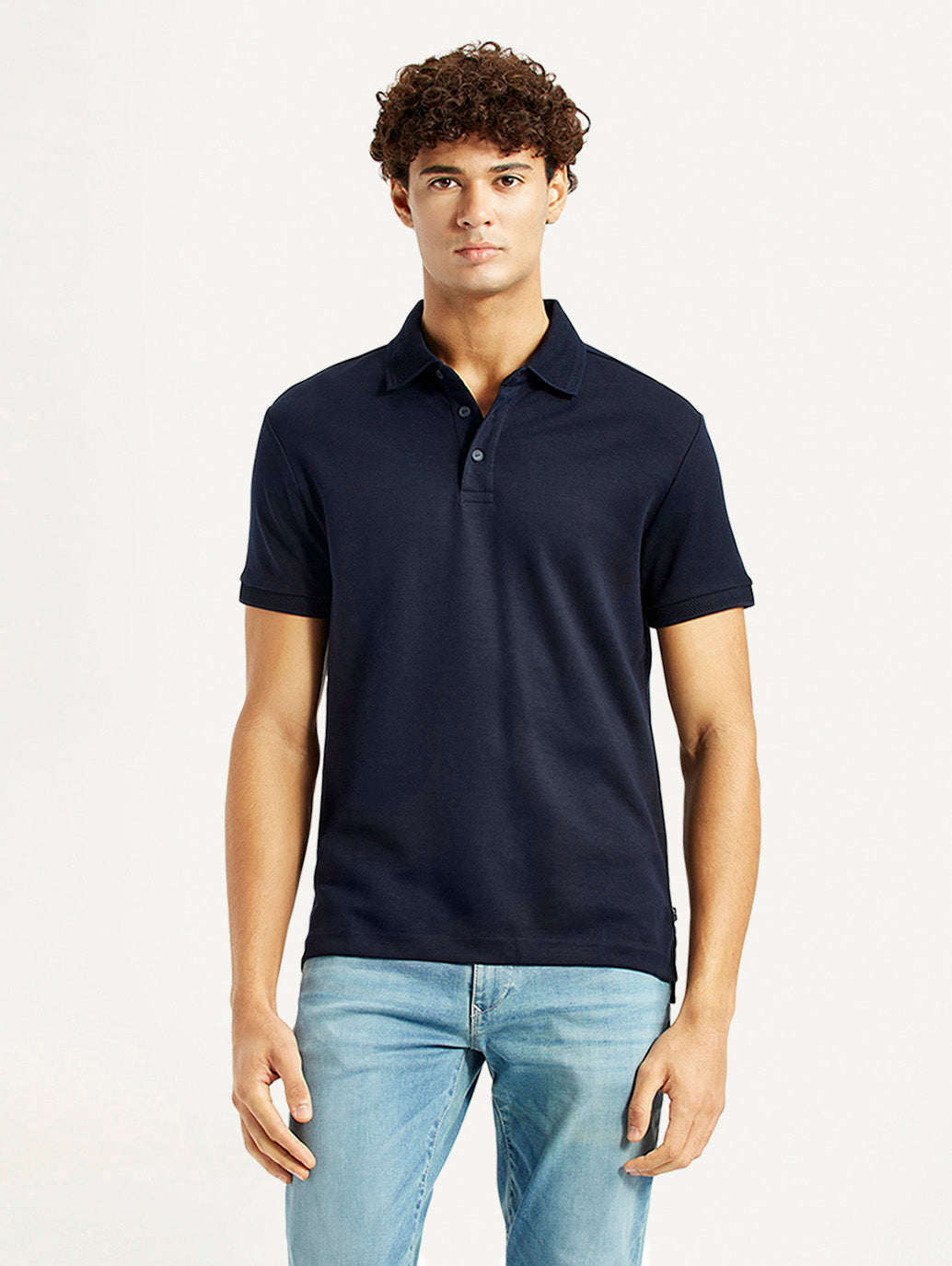 Men's Redloop Solid Navy Slim Fit Polo T-shirt - Front View