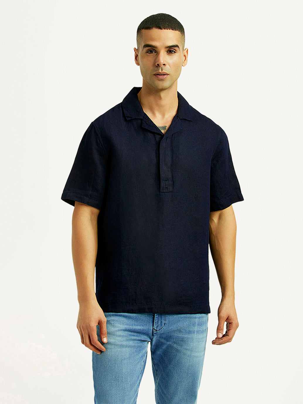 Men's Solid Navy Relaxed Fit Camp Shirt - Front View