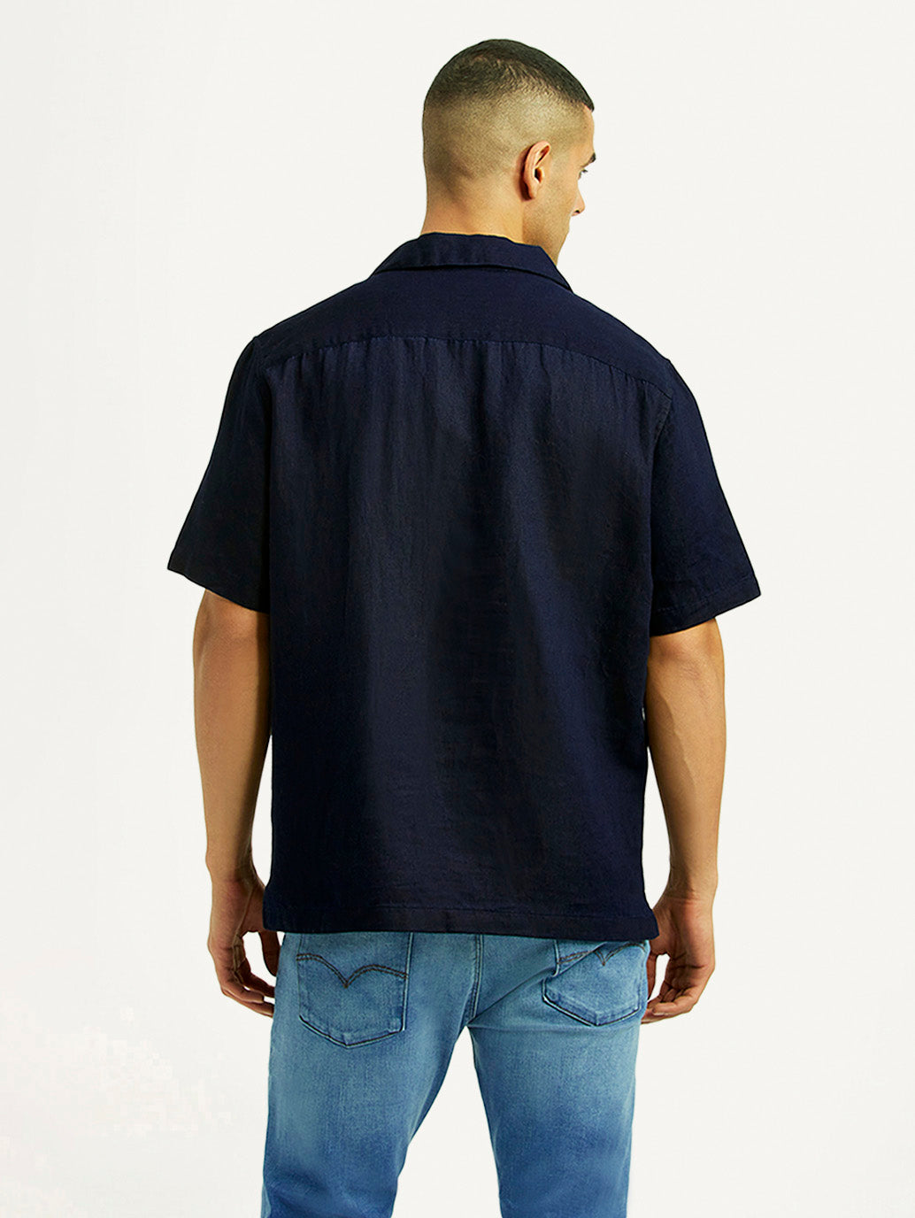 Men's Solid Navy Relaxed Fit Camp Shirt - Back View