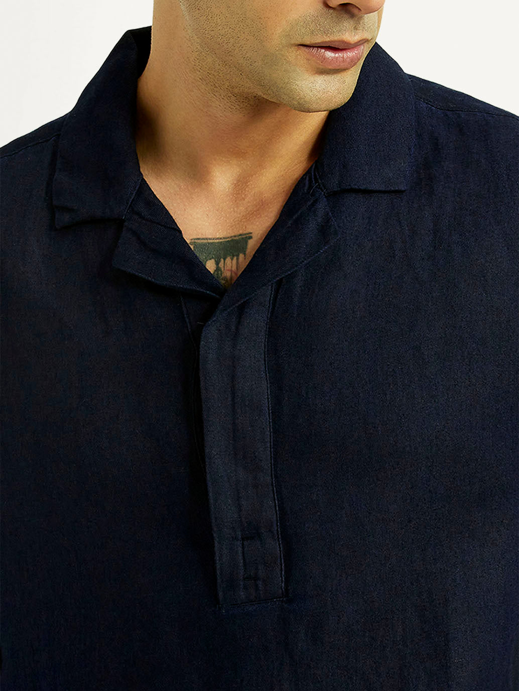 Men's Solid Navy Relaxed Fit Camp Shirt - Detail View