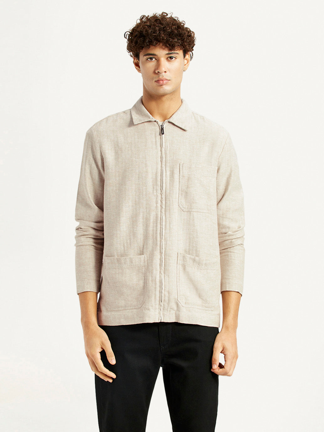 Men's Redloop Self Design Beige Shacket - Front View