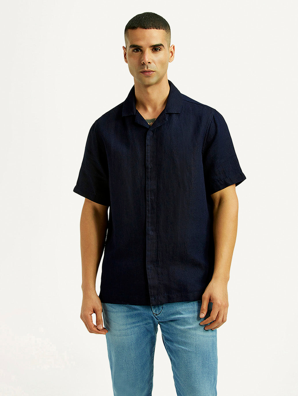 Men's Solid Navy Relaxed Fit Camp Shirt - Front View