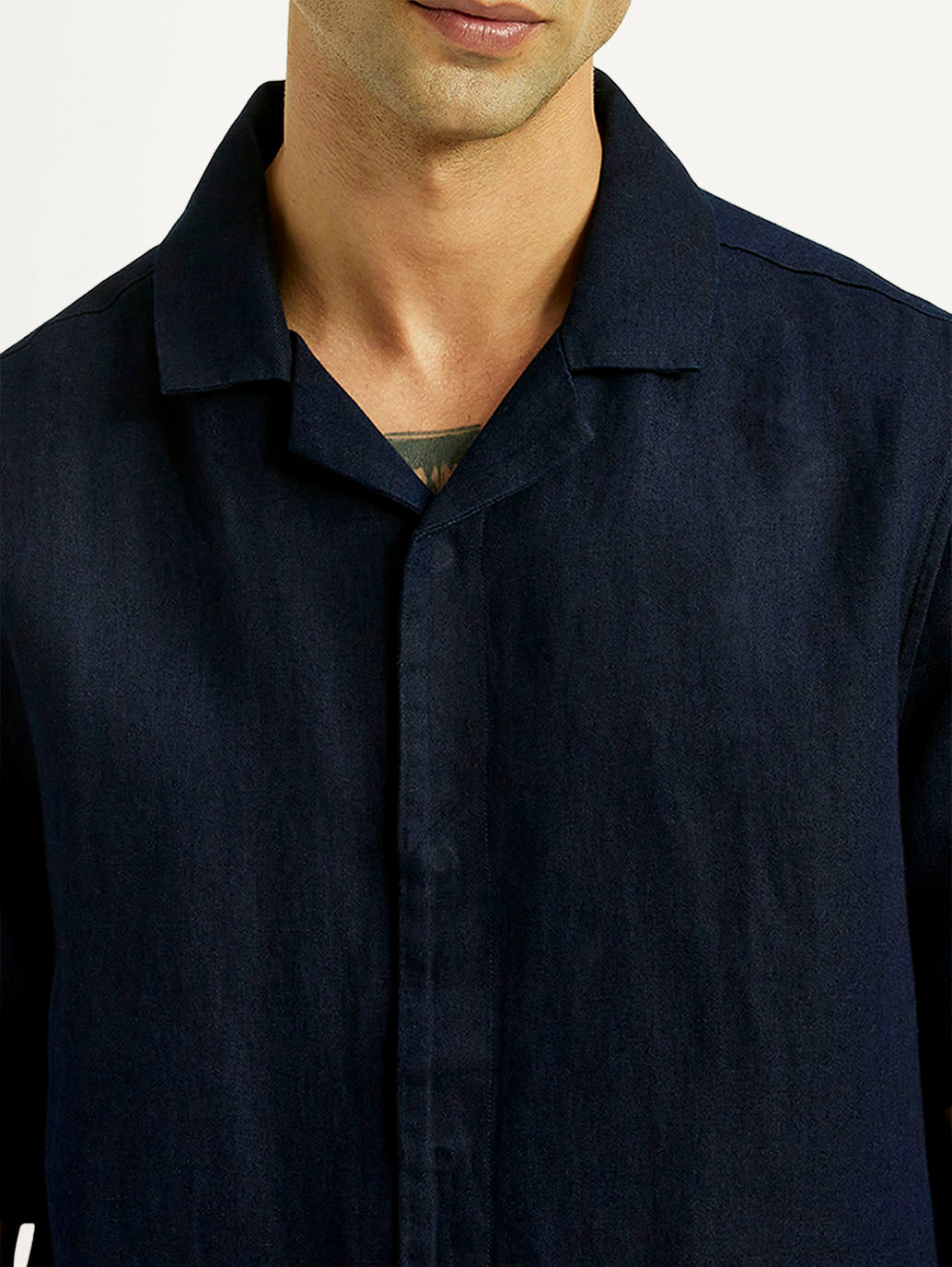 Men's Solid Navy Relaxed Fit Camp Shirt - Detail View
