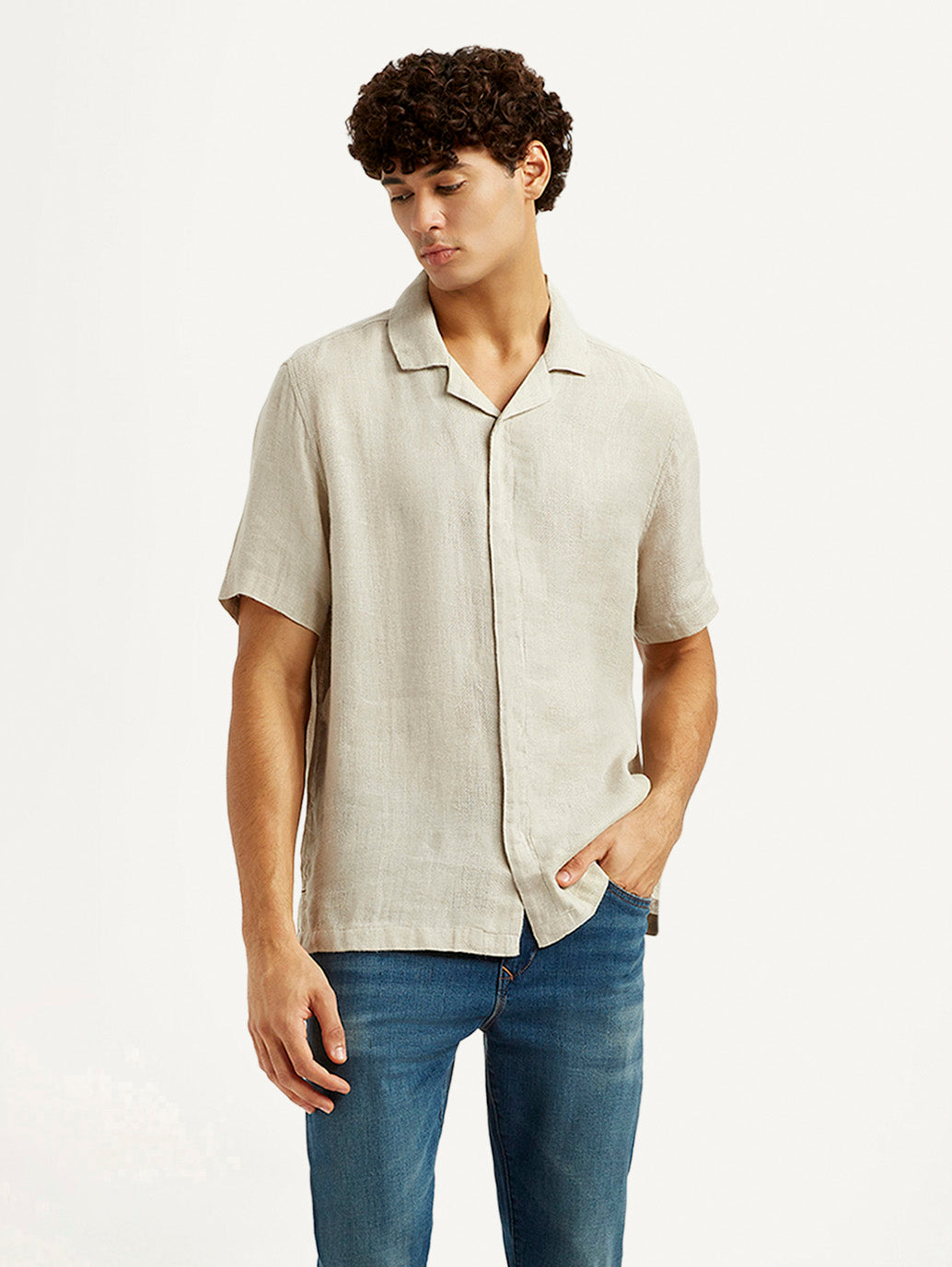 Men's Redloop Solid Beige Relaxed Fit Camp Shirt - Styleshot View