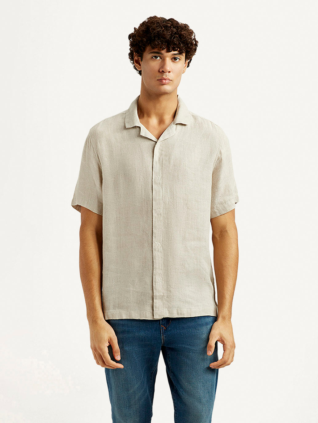 Men's Redloop Solid Beige Relaxed Fit Camp Shirt - Front View