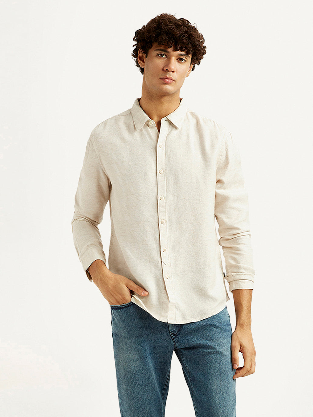 Men's Redloop Solid Beige Slim Fit Shirt - Styleshot View